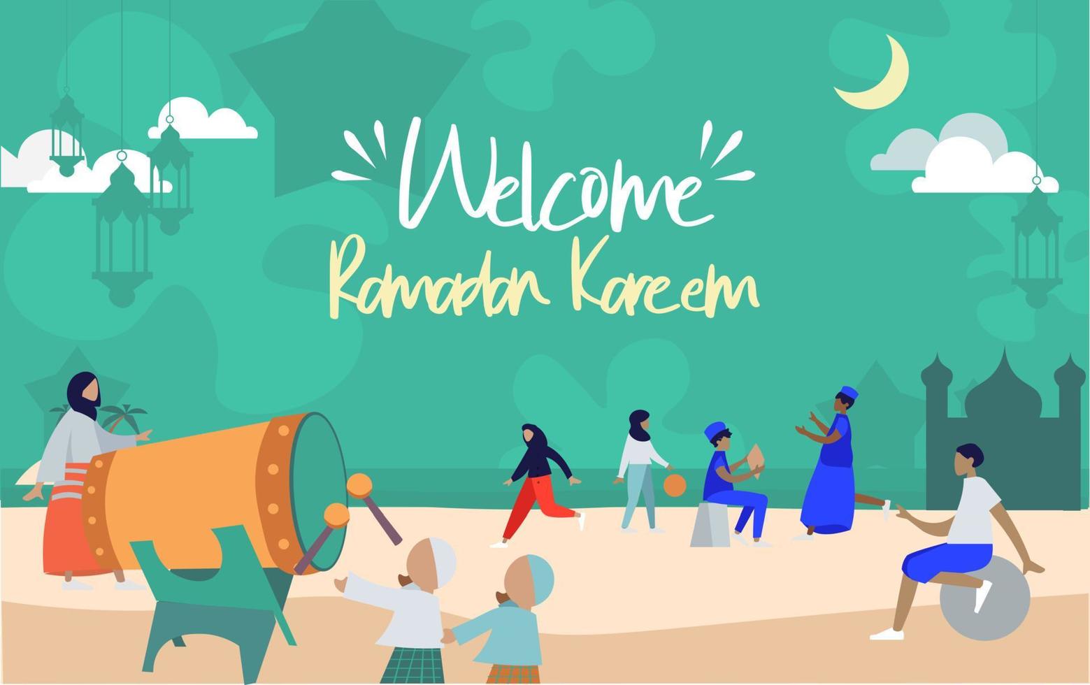 Ramadán ramadhan kareem gente con niños niños plano diseño islámico tema vector