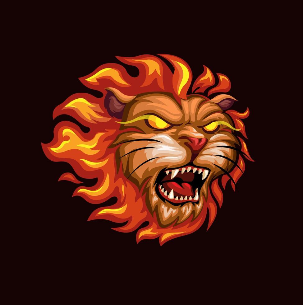 fuego león cabeza mascota logo dibujos animados ilustración vector