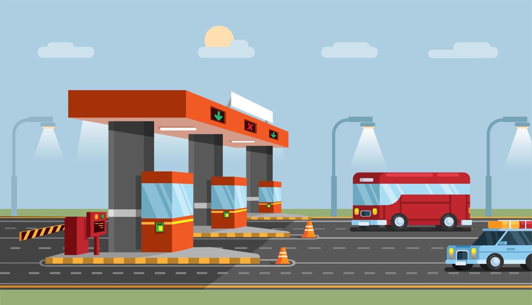 autopista Peaje puerta. coche ciudad transporte la carretera plano dibujos animados ilustración vector