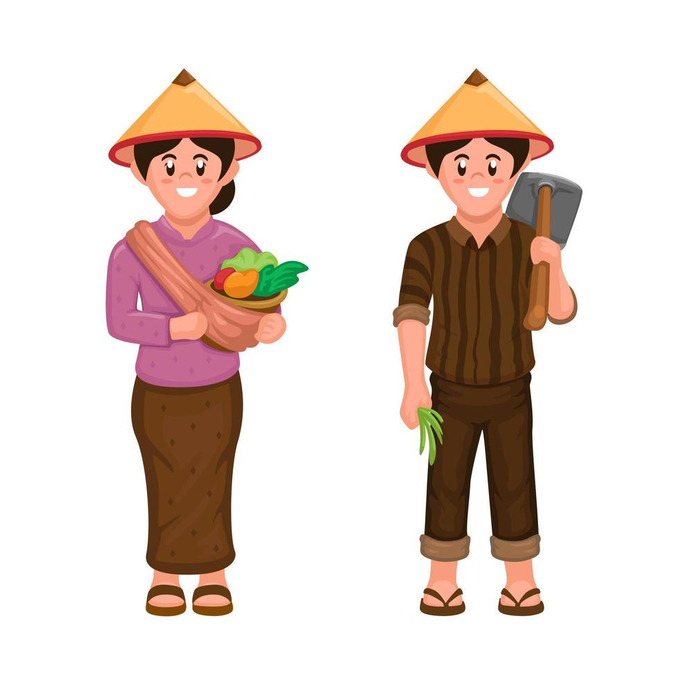 asiático granjero pueblo Pareja familia personaje tradicional ropa símbolo conjunto ilustración vector