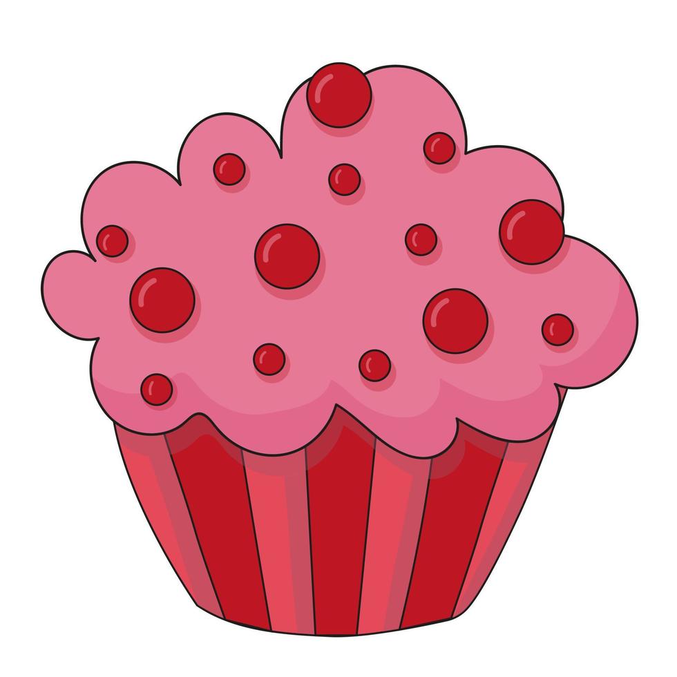 Cupcake with red sprinkles and pink whipped cream. Icon sticker dessert design. Vector sweet muffin illustration.