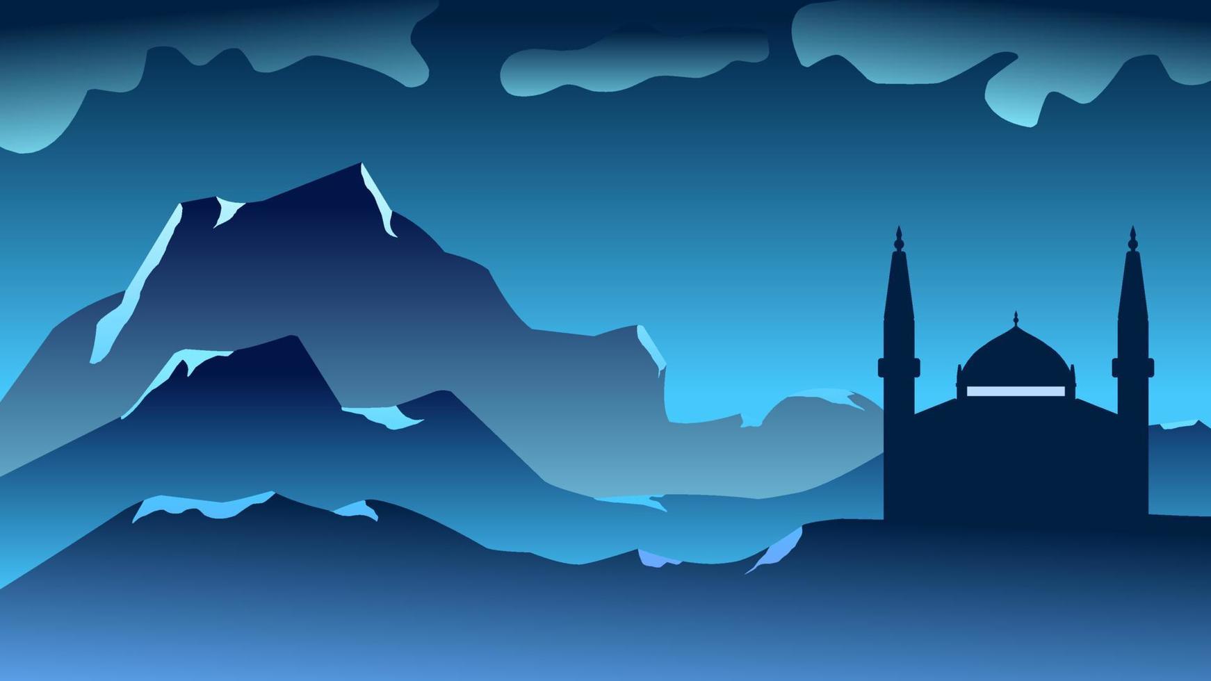 antecedentes de silueta mezquita con cian cielo para islámico diseño. paisaje elemento para diseño gráfico Ramadán saludo en musulmán cultura y islam religión. Ramadán fondo de pantalla de montaña y colina vector