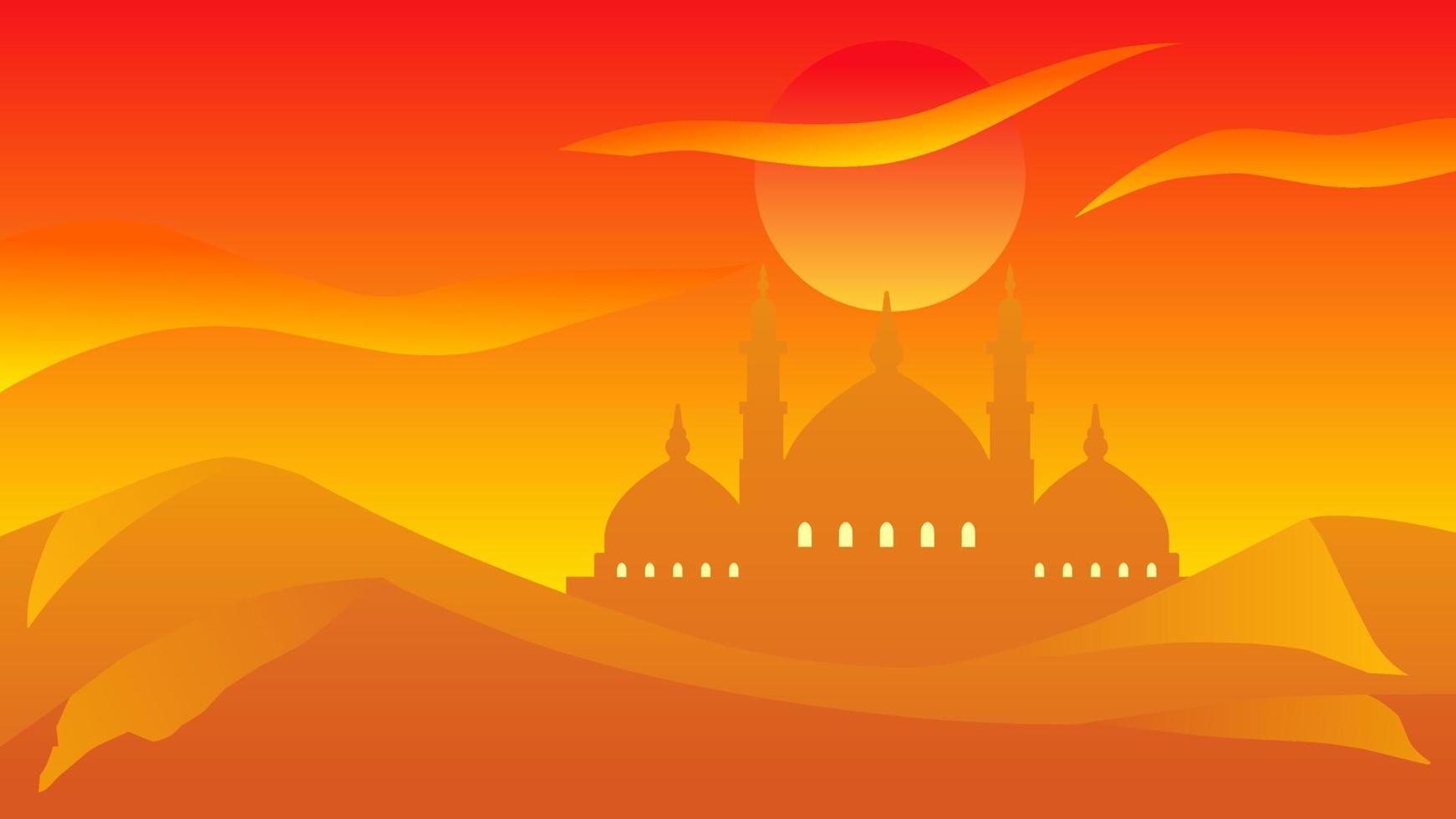 Background of silhouette mosque in the desert for islamic design. Landscape element for design graphic ramadan greeting in muslim culture and islam religion. Ramadan wallpaper of desert hill vector