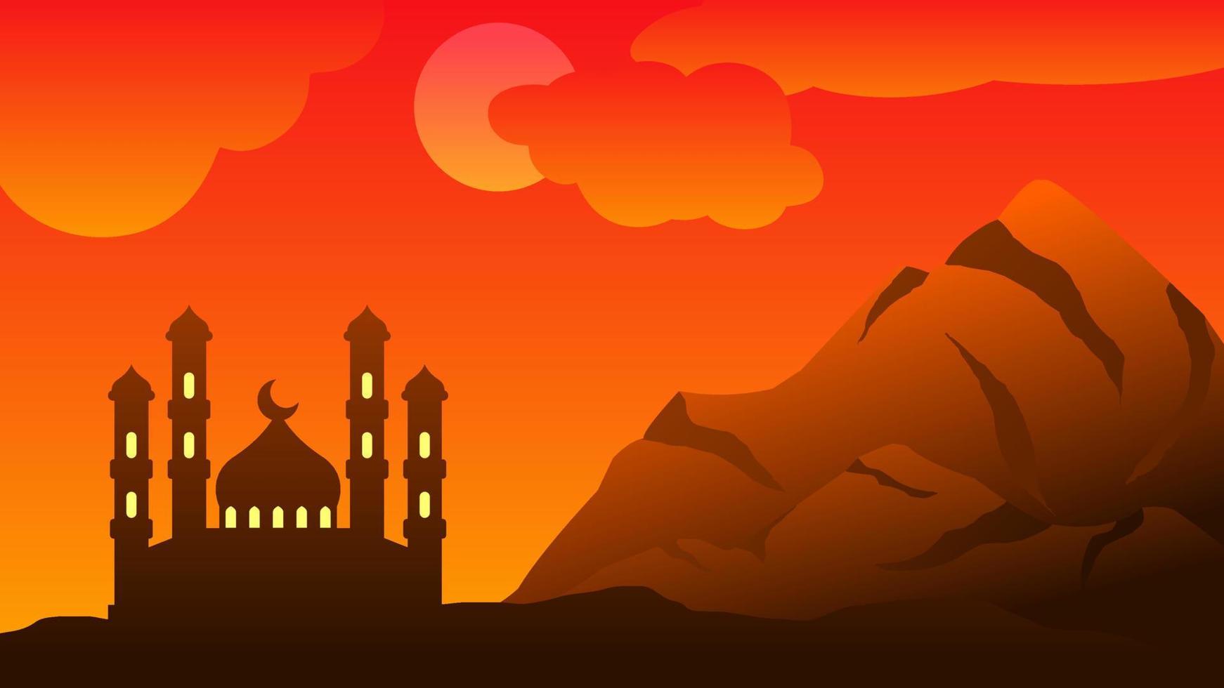 Background of silhouette mosque with orange sky for islamic design. Landscape element for design graphic ramadan greeting in muslim culture and islam religion. Ramadan wallpaper of mountain and hill vector