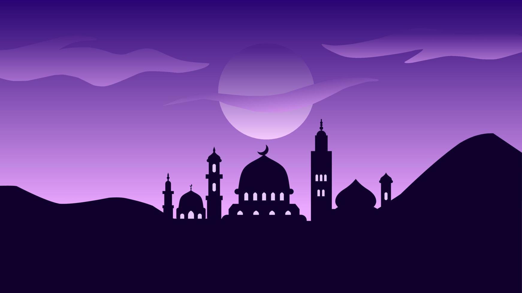Background of silhouette mosque with purple night for islamic design. Landscape element for design graphic ramadan greeting in muslim culture and islam religion. Ramadan wallpaper of mosque and hill vector