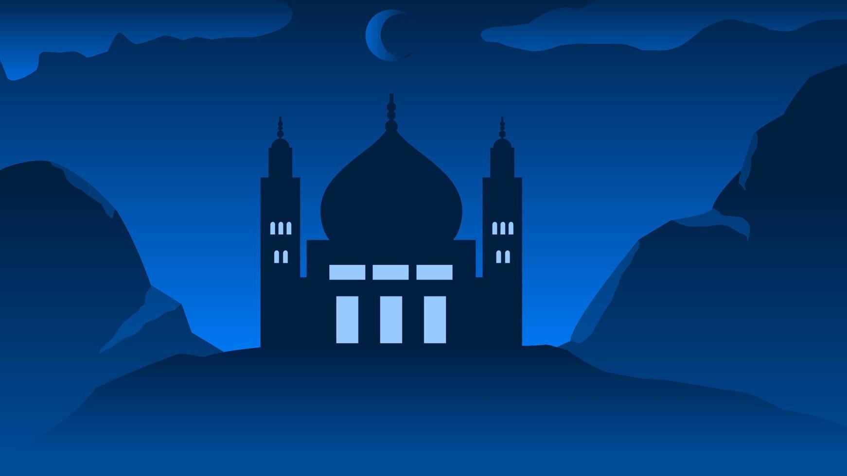 Background of silhouette mosque with night sky for islamic design. Landscape element for design graphic ramadan greeting in muslim culture and islam religion. Ramadan wallpaper of mountain and hill vector
