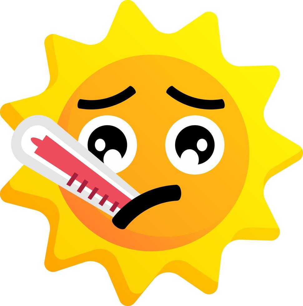 Sun with sick expression and fever thermometer. Clip art of hot sun with high temperature illustration. Cartoon character of sun icon with face expression for design graphic or children education vector