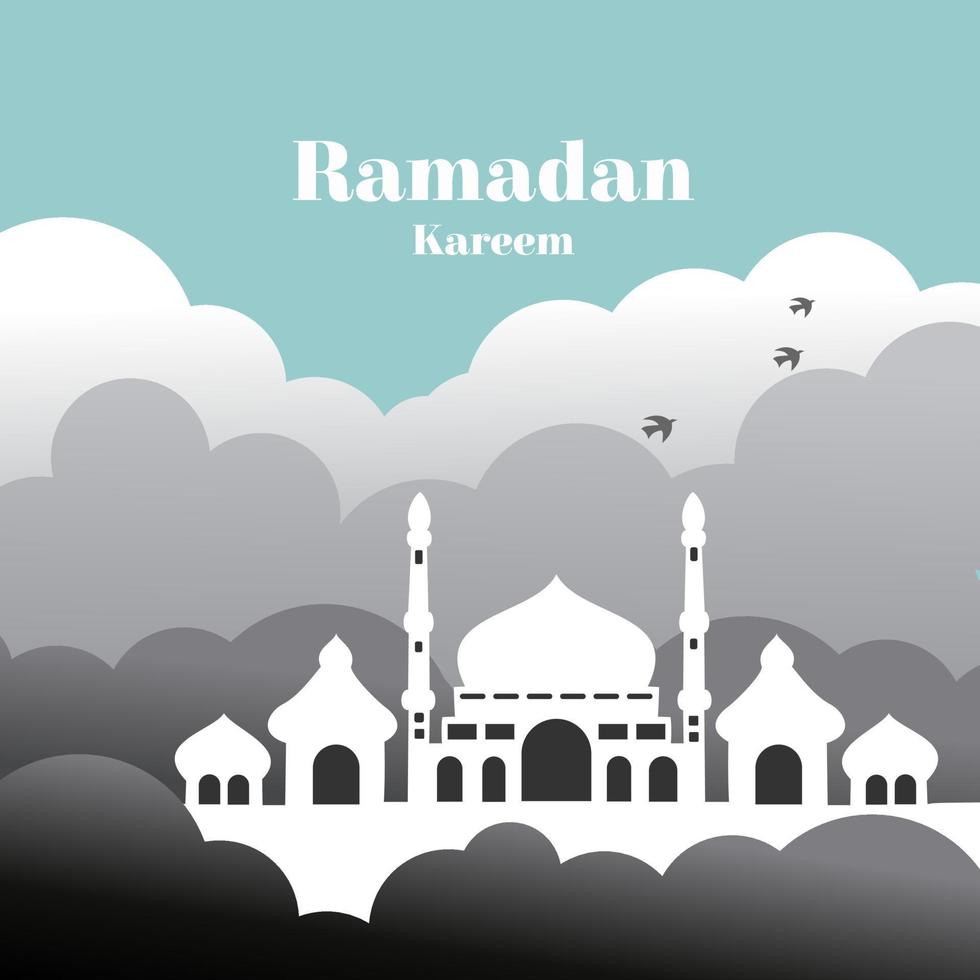 Ramadán bandera con nublado nubes alrededor el blanco mezquita vector