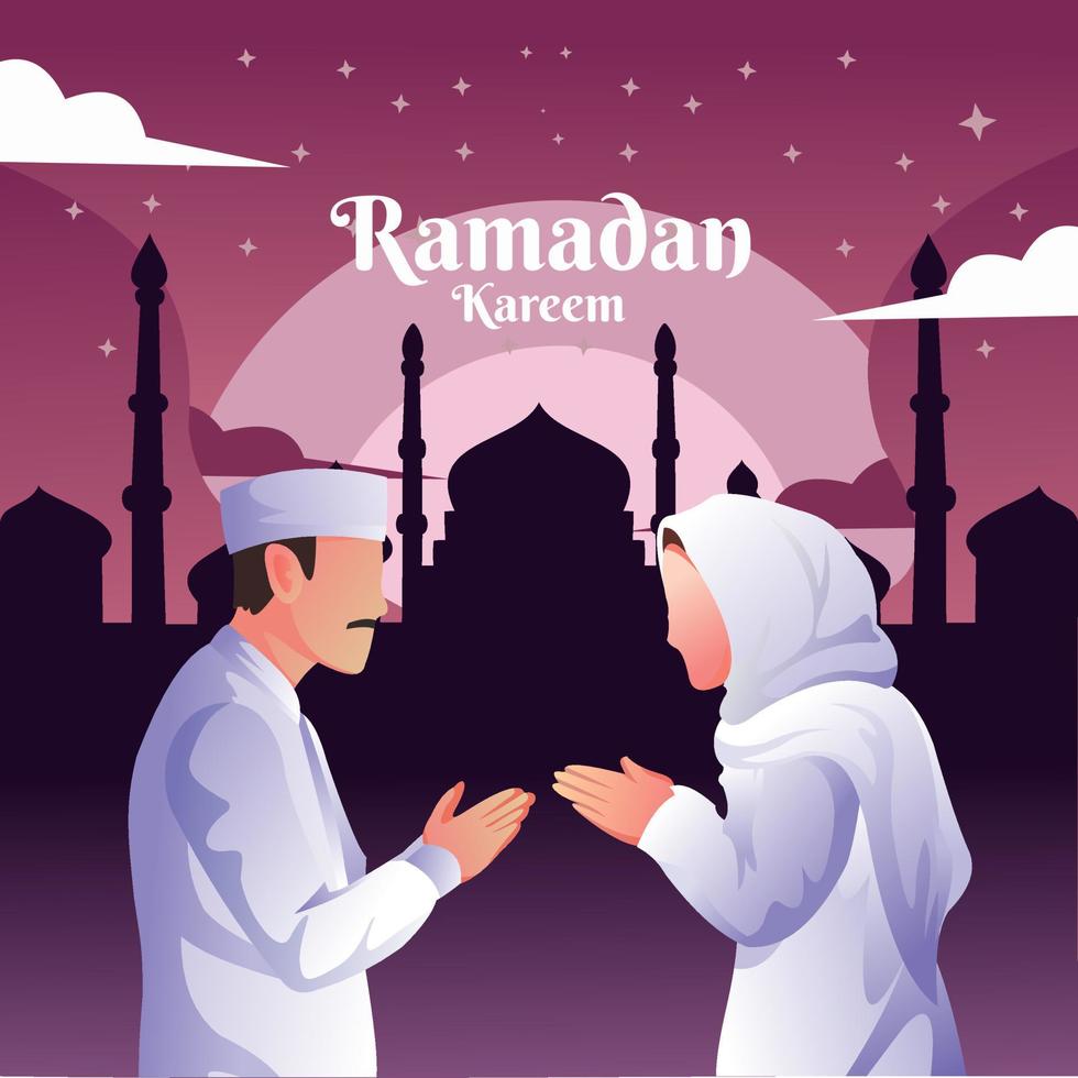 ramadan poster with character design shaking hands vector