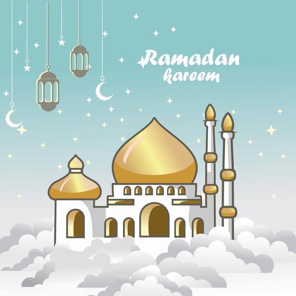 eid Mubarak póster y Ramadán kareem bandera con dorado Hazme mezquita diseño ligero azul cielo mira hermosa vector