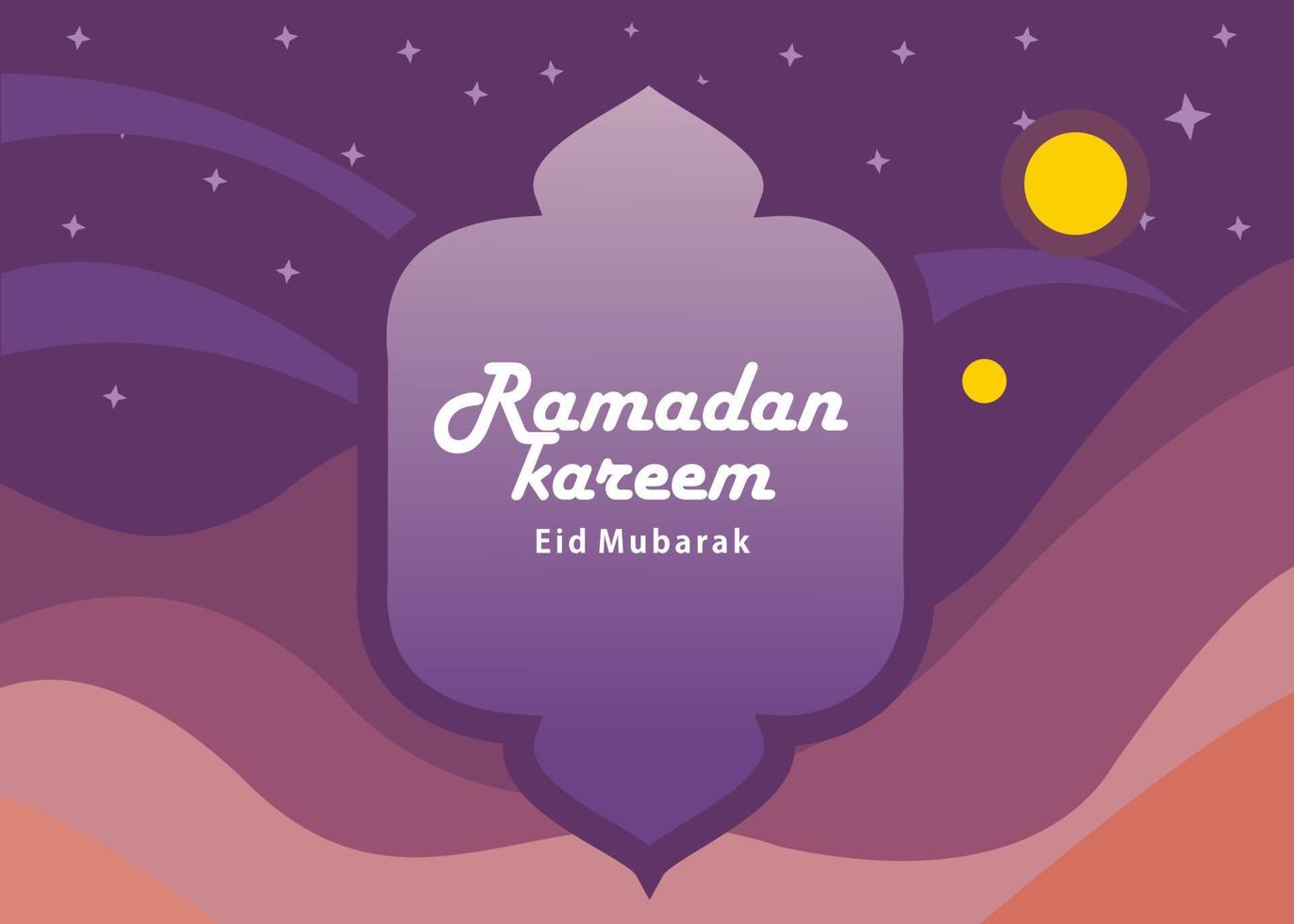 illustration of a desert at night with a purple sky, as well as Islamic objects that say ramadan kareem, eid mubarak vector