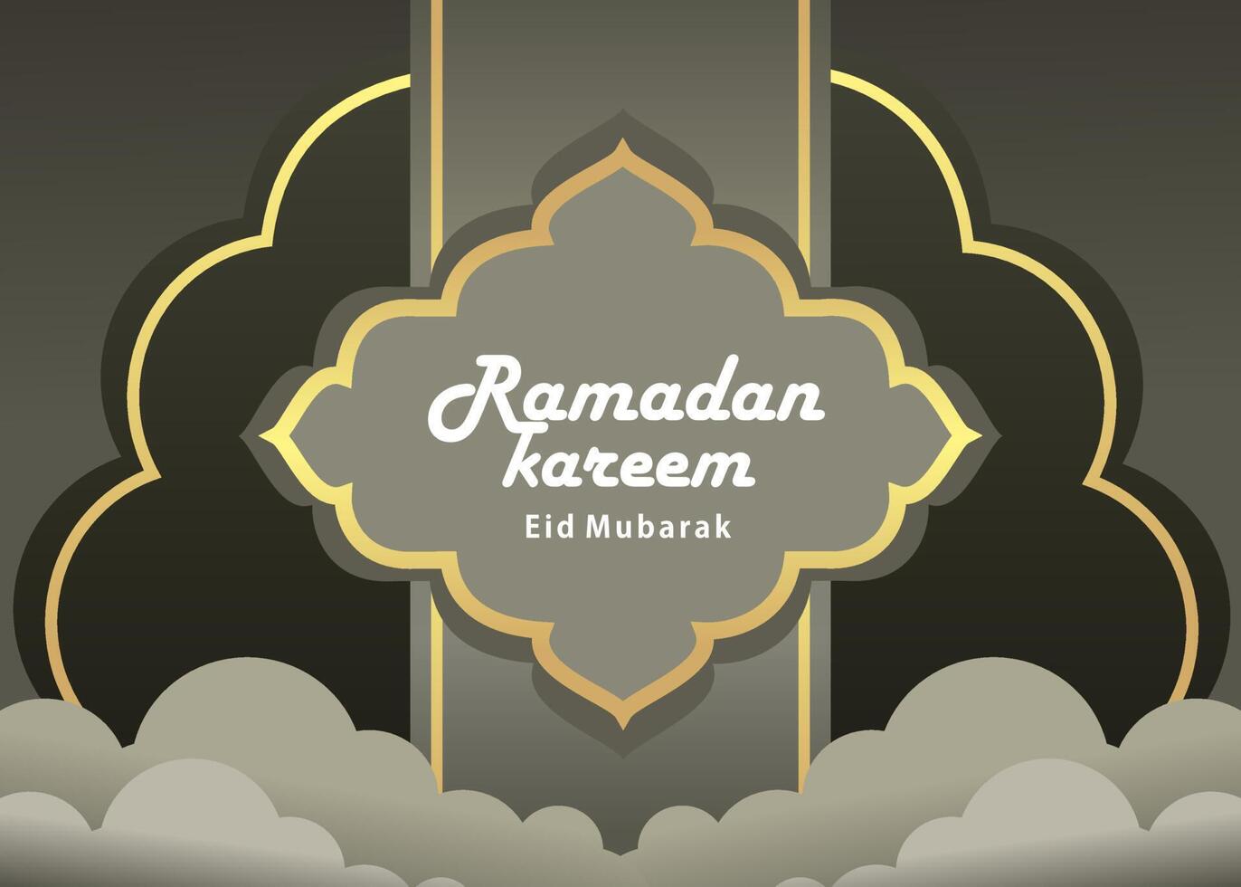 ilustración de un contento Ramadán saludo tarjeta diseño, eid Mubarak póster, en gris con un lista de objetos en oro vector