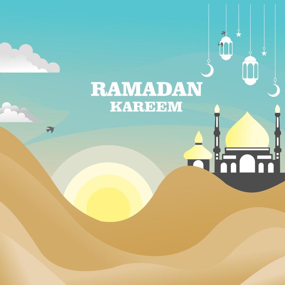 ilustración de Ramadán kareem póster Desierto objeto detrás el Desierto allí es un mezquita con un puesta de sol y azul cielo vector