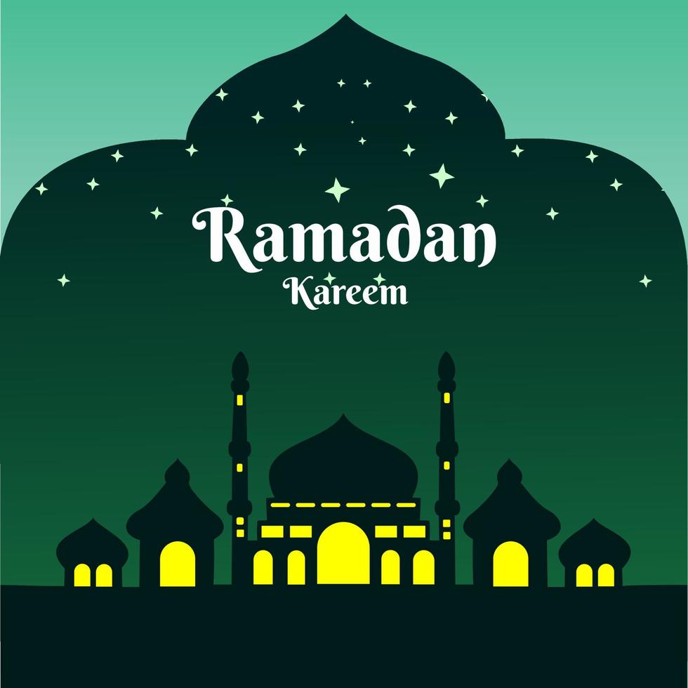 Ramadán bannercon un silueta de un amarillo iluminado mezquita en verde cielo brillante estrellas vector
