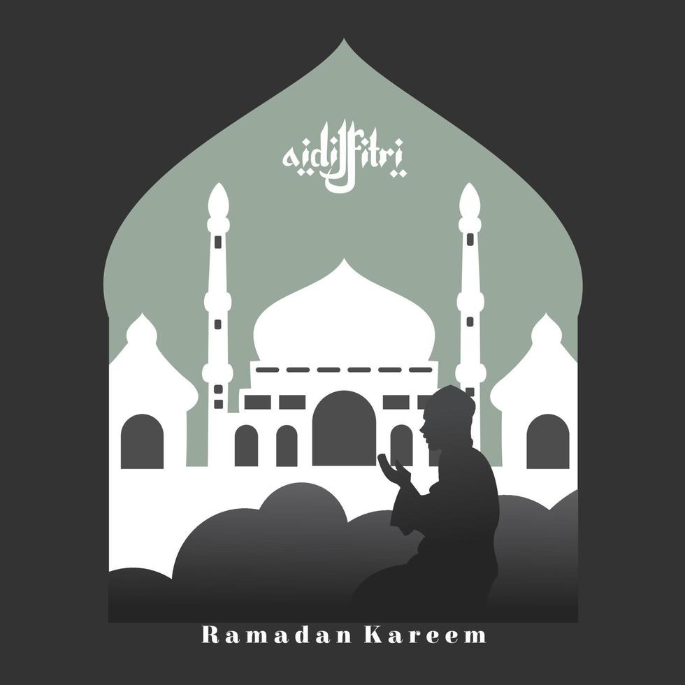 ramadan banner with silhouette of people praying and opposite beautiful white mosque vector