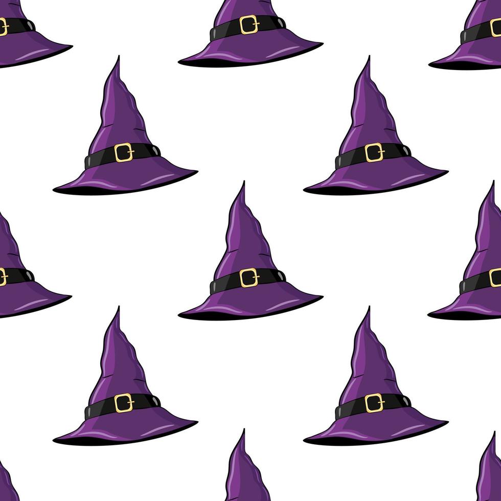 Cute pointed witch hat seamless pattern. Vector illustration.  Flat cartoon style.