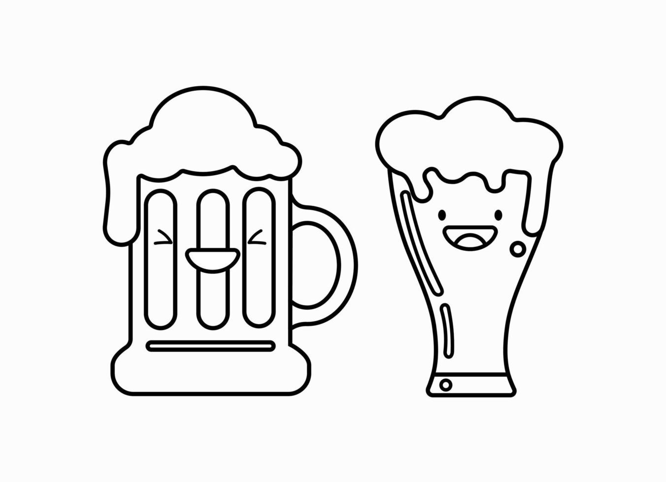 Cute beer glasse and mug  icon isolated on white background. Beer Symbol. Vector Design Illustration. Kawaii outline style.