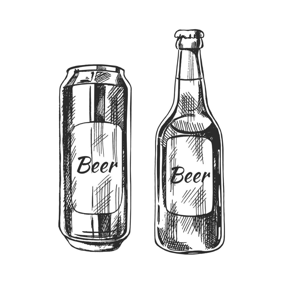 dibujado a mano bosquejo de cerveza lata y botella aislado en blanco antecedentes. vector Clásico grabado ilustración