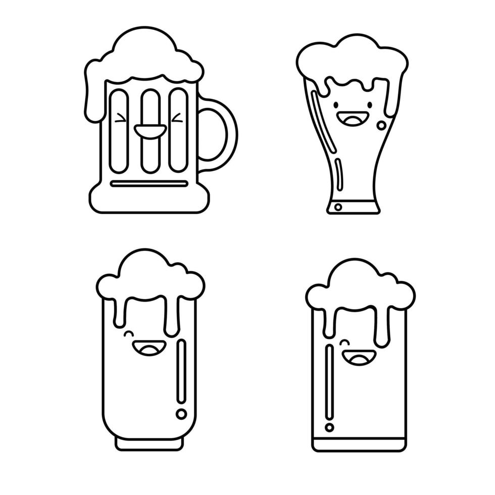 Cute beer glasses and mug  icon isolated on white background. Beer Symbol. Vector Design Illustration. Kawaii outline style.