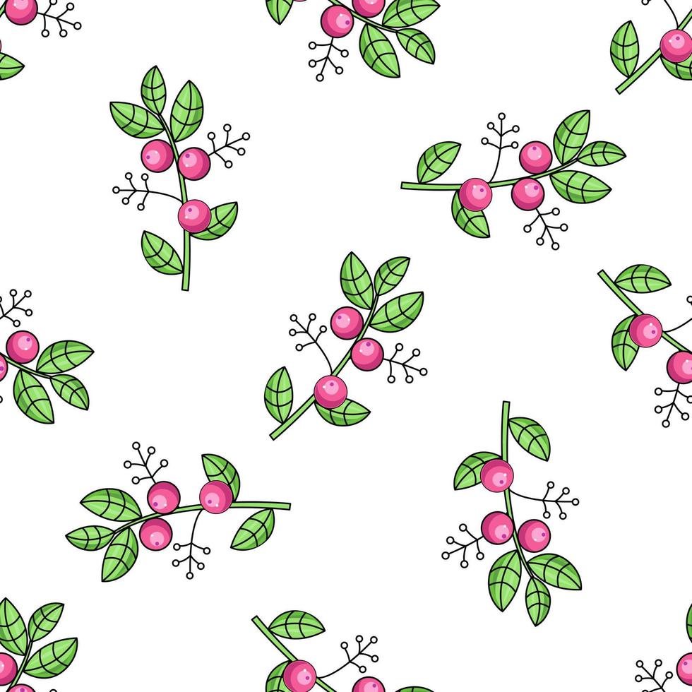 Cute branch with berries and leaves seamless pattern. Vector illustration.  Flat cartoon style.