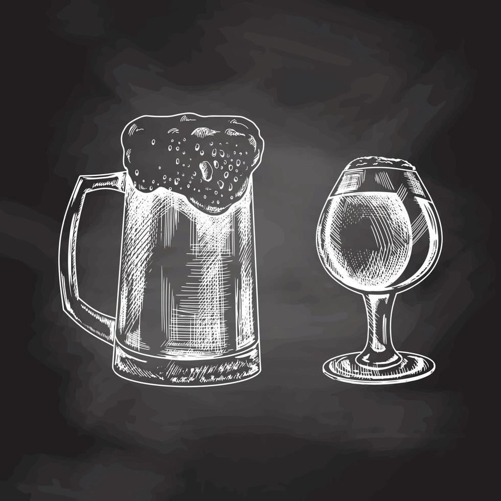 Hand-drawn sketch of beer mug and glass of beer isolated on chalkboard  background, white drawing.  Vector vintage engraved illustration.