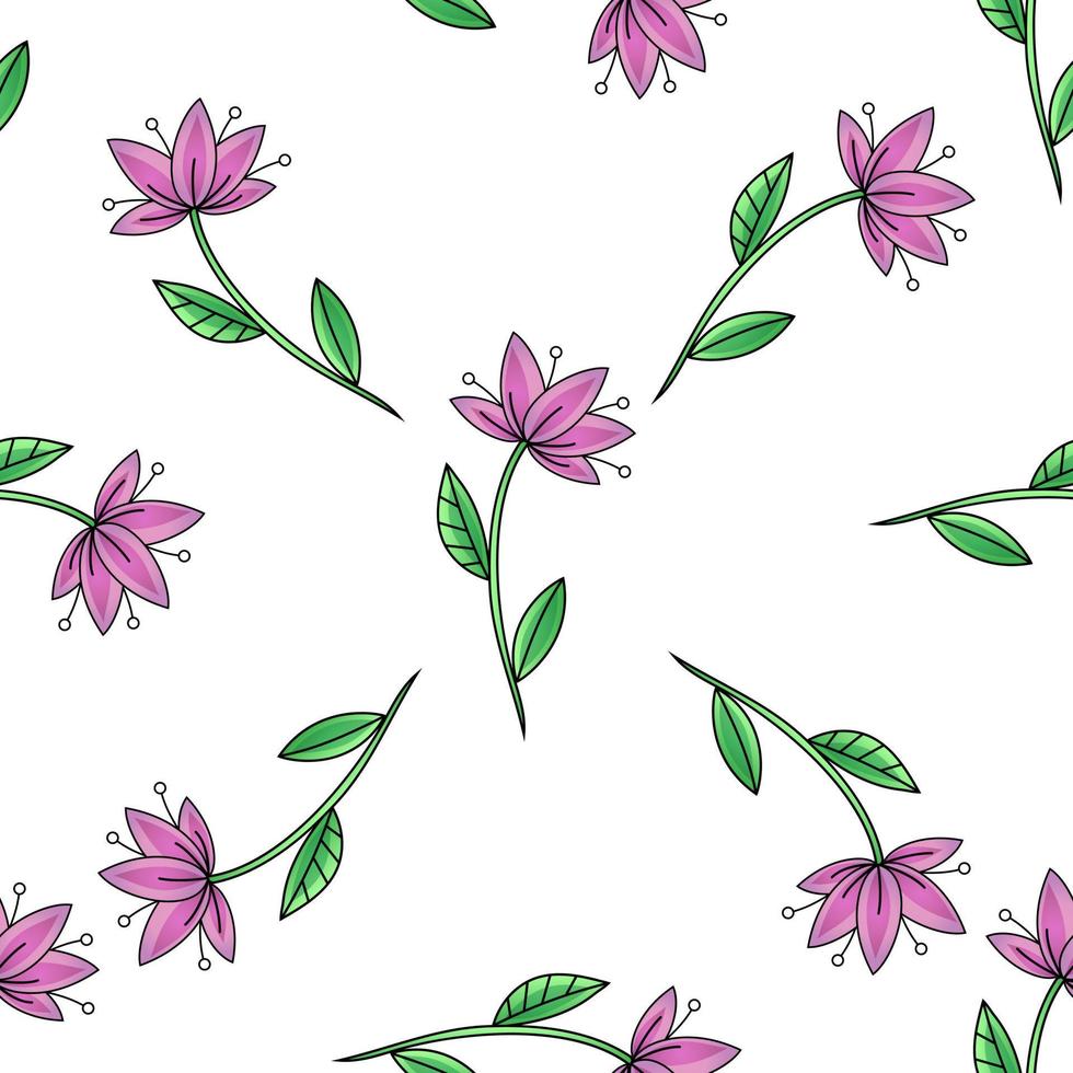 Cute decorative lily flower with stamens and leaf seamless pattern. Vector illustration. Flat cartoon style.