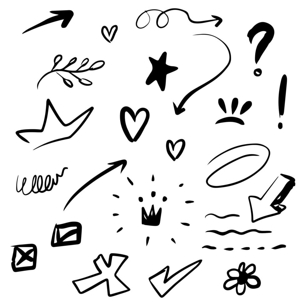hand drawn set of abstract doodle elements with love, star, crown, swirl, swoosh, scribble, cross, arrow, text emphasis. isolated on white background. vector illustration