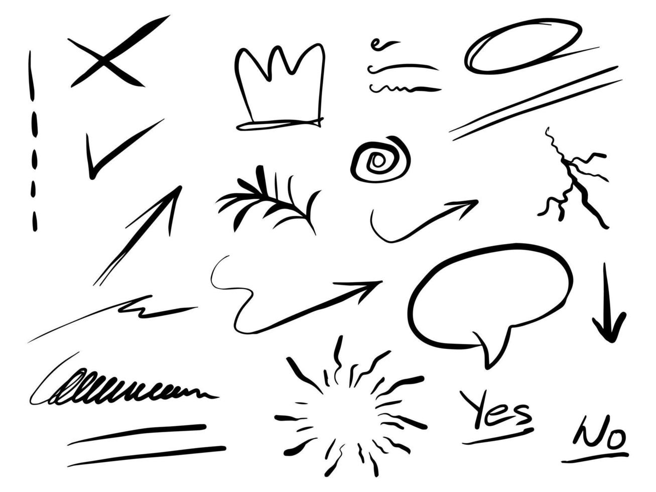 hand drawn set of abstract doodle elements with crown, crack, swirl, swoosh, scribble, starburst, arrow, text emphasis. isolated on white background. vector illustration