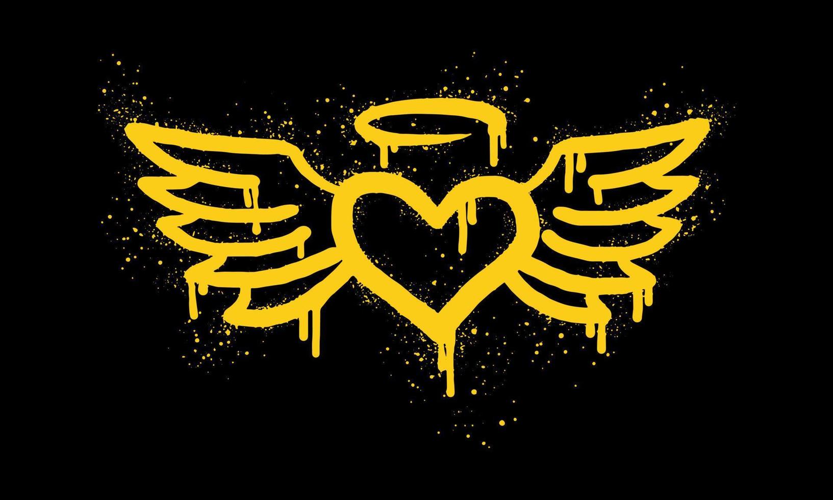 rociar pintado pintada volador corazón icono en oro color. corazón con alas goteo símbolo. aislado en negro antecedentes. vector ilustración