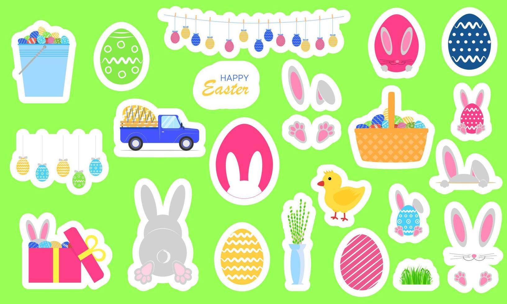 Set of stickers for Easter. Bright Easter symbols as rabbit, bunny, egg, spring, chick. Vector illustration