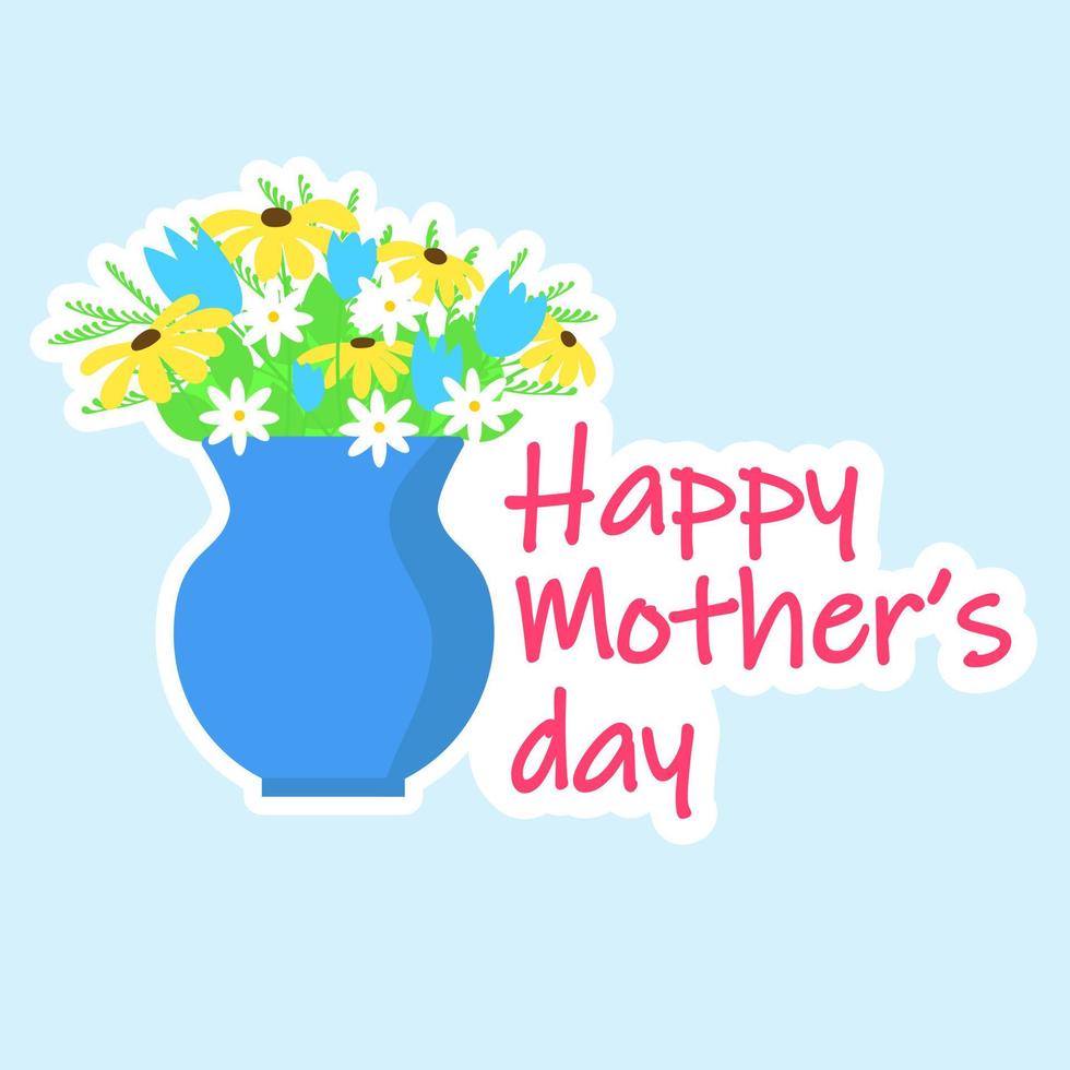 Square card for Happy Mother's Day. Bouquet of flowers in vase. Vector illustration.
