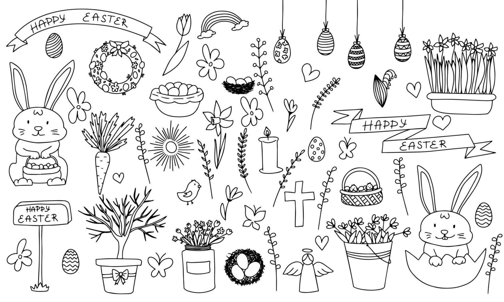 Big set of Easter symbols in doodle style. Vector illustration.