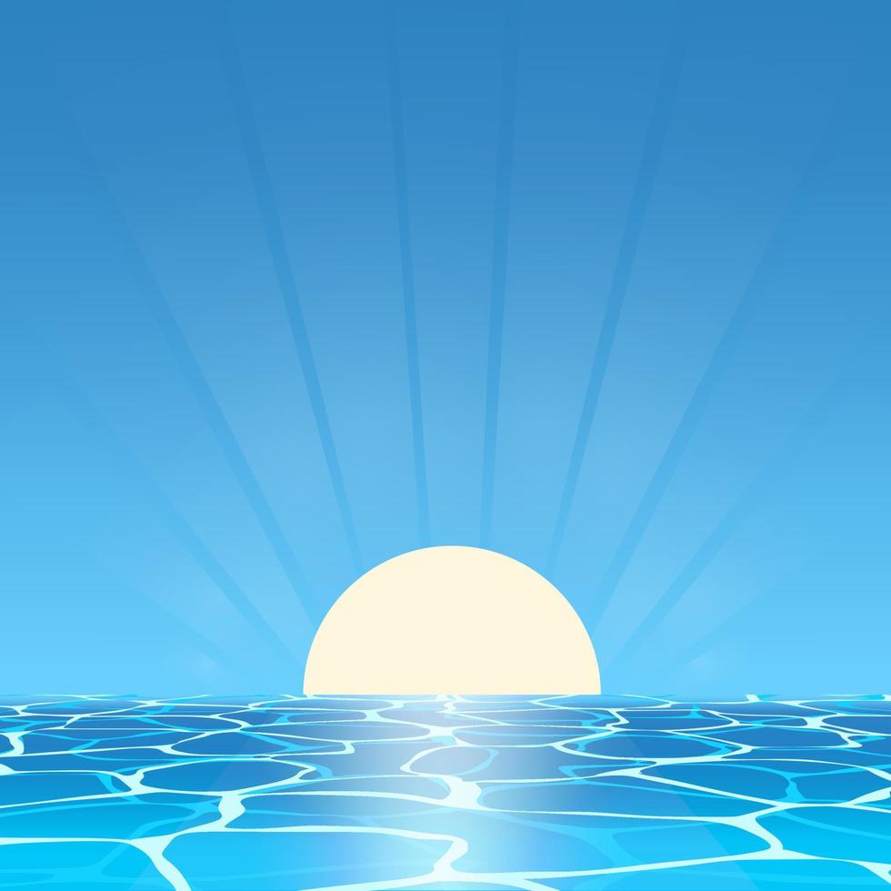Sea landscape sunrise. Square horizon with ocean sun and sky. Vector illustration.