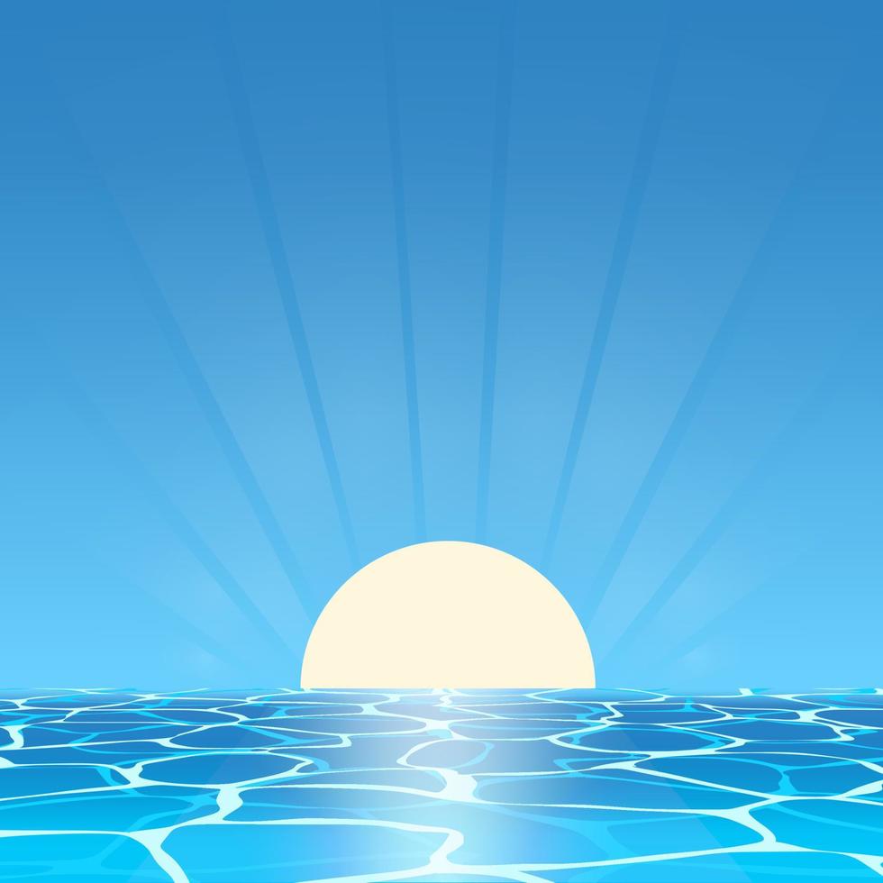 Sea landscape sunrise. Square horizon with ocean sun and sky. Vector illustration.