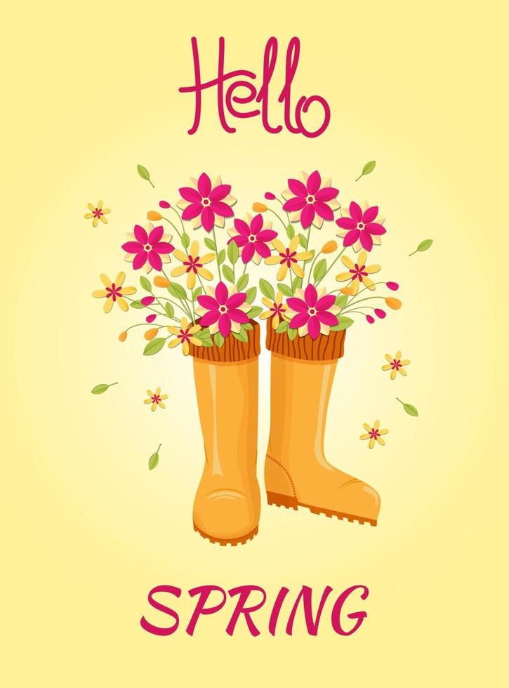 Hola primavera. primavera flores, rama con hojas en caucho botas. vector