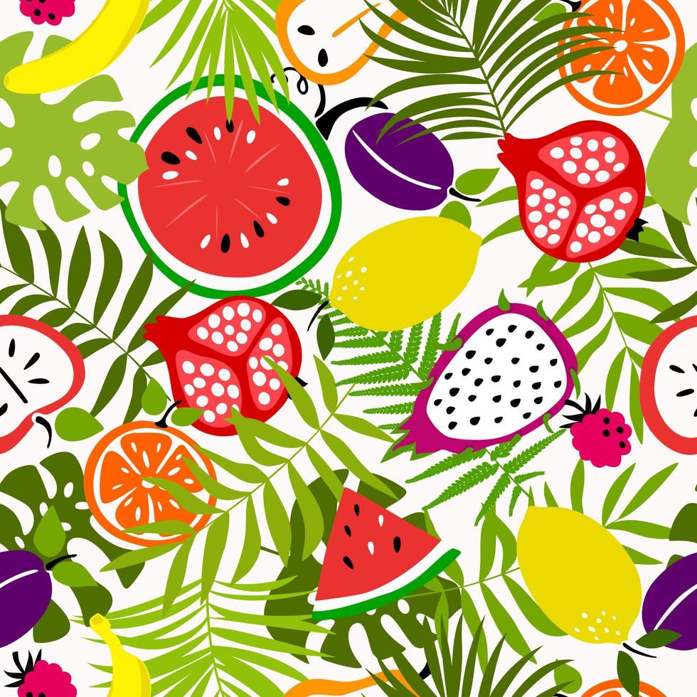 Fruit seamless pattern, collection of exotic tropical fruits with plants. Summer design. Exotic tropical fruit. Colorful vector illustration