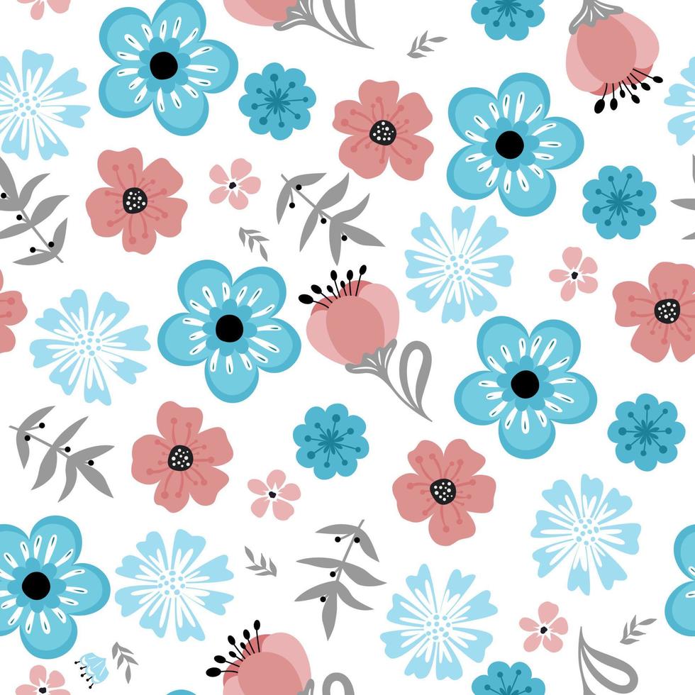Colorful seamless pattern with flowers and leaves. Summer floral repeat background for fabrics or wallpapers. vector