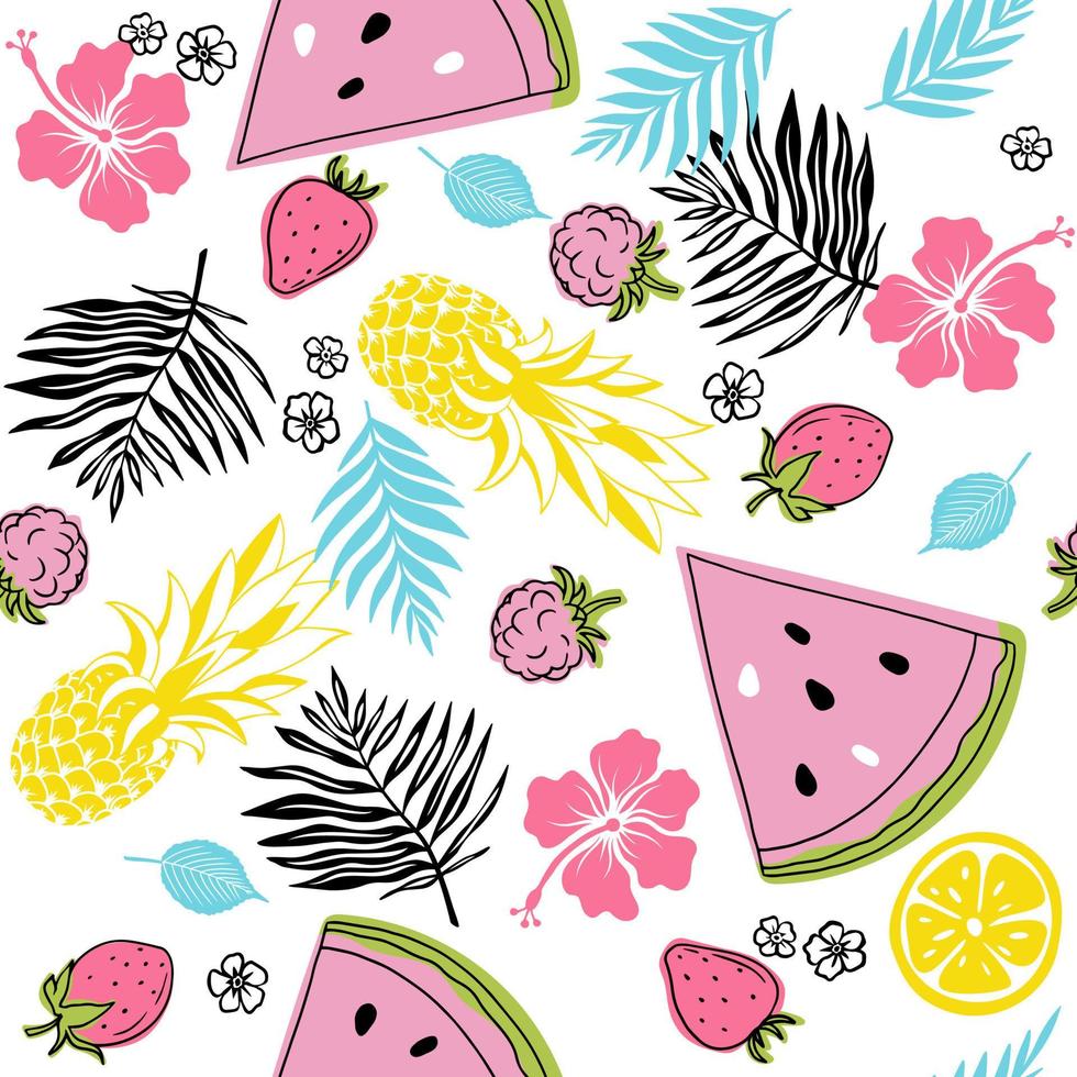 Seamless simple fruits, berries and simple flowers and leaves. Bright summer illustration isolated on white background vector