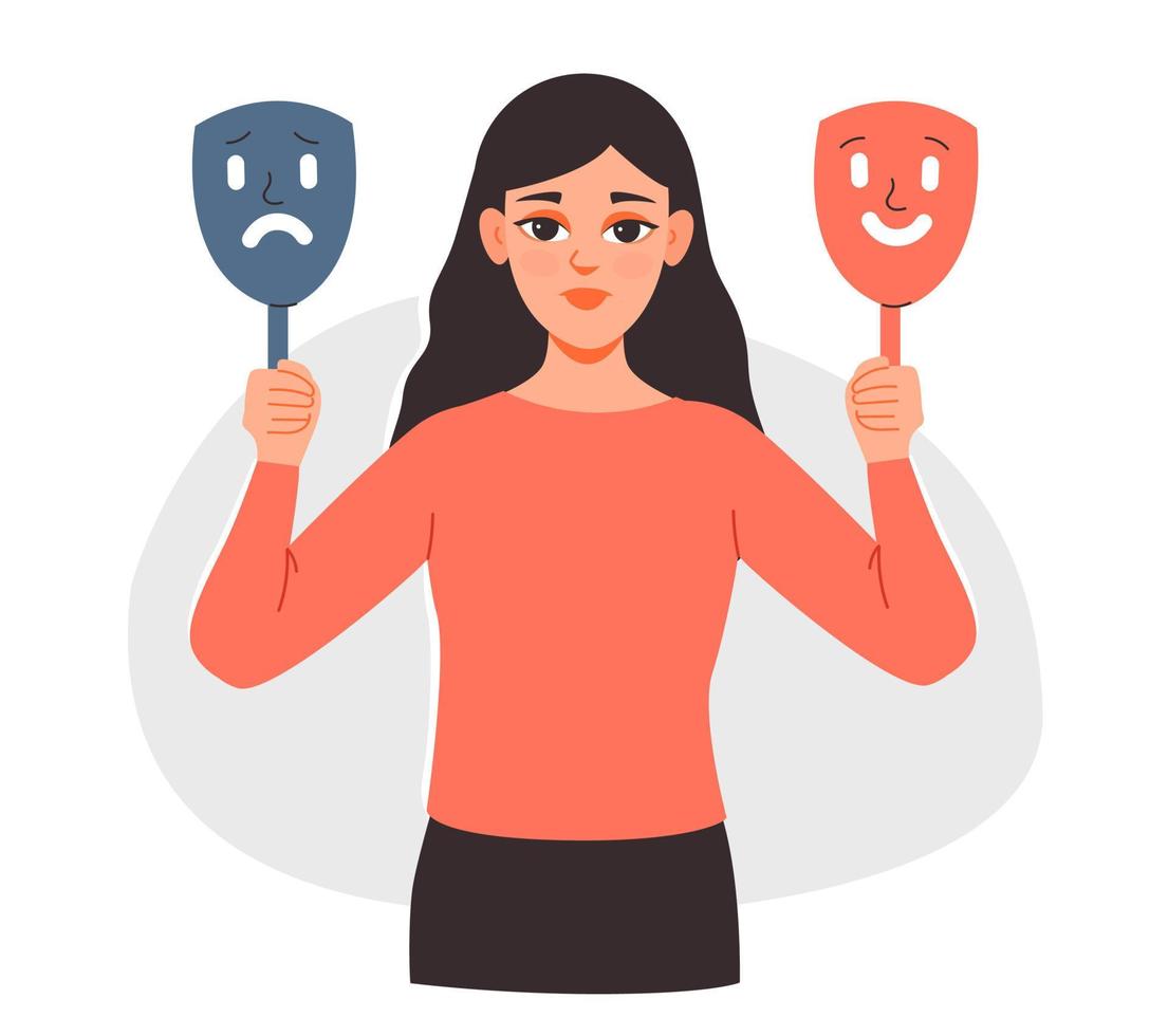 Bipolar disorder. The girl holds masks with good and bad mood in her hands. Stress and depression management. vector