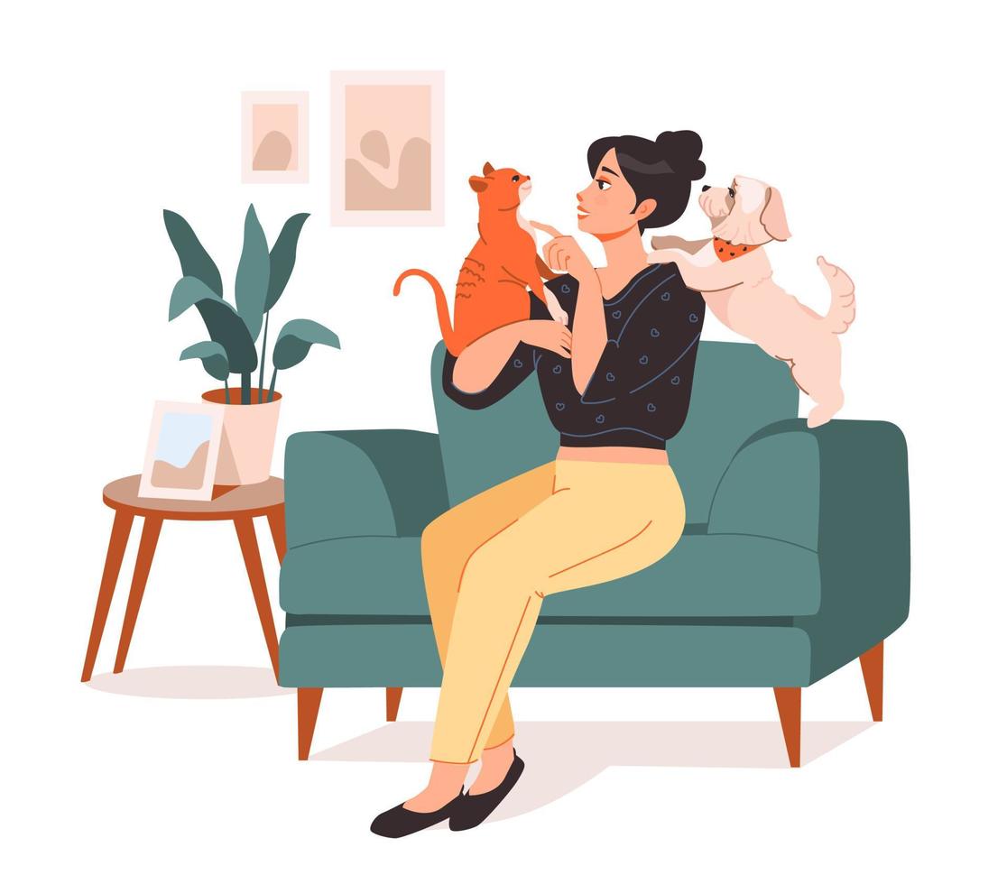 Pet owner. A young woman is sitting on a chair and playing with her pets. Flat vector illustration.