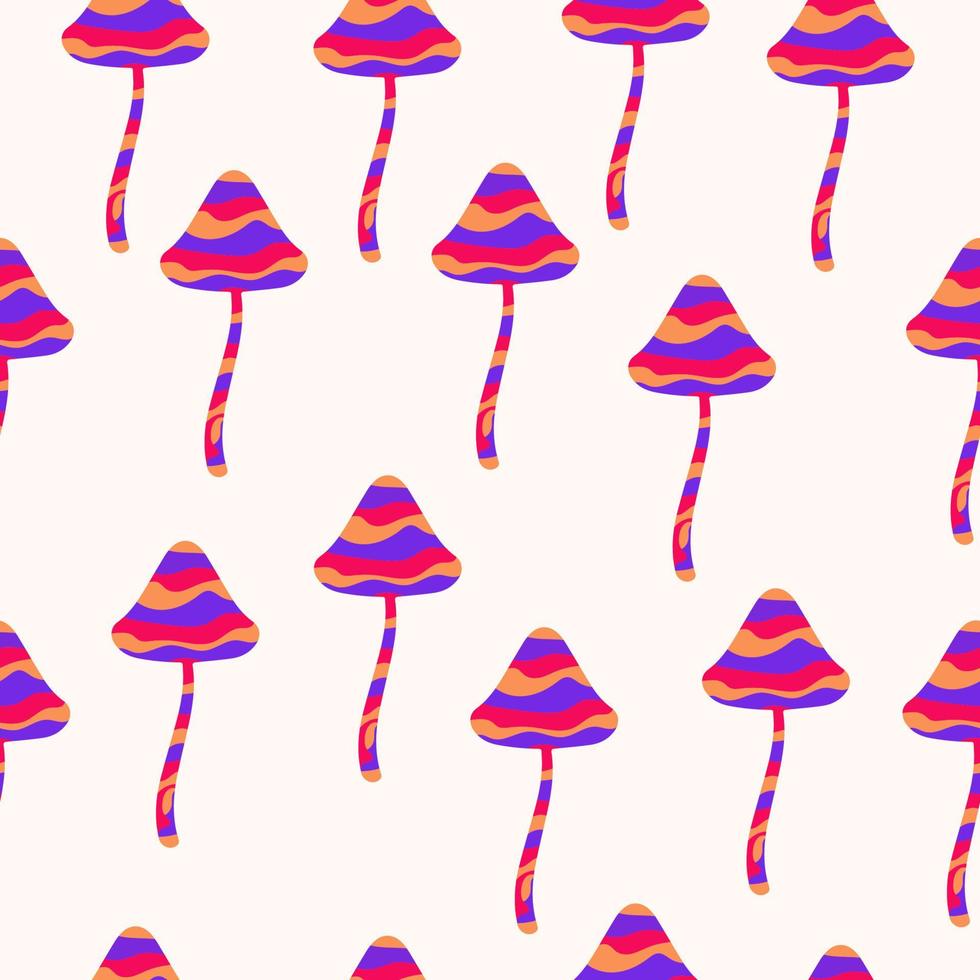 Seamless pattern with mushrooms in bright rainbow waves in hippie style. Retro vector