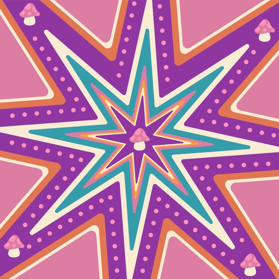 groovy pattern, background with colored stars and mushrooms in psychedelic hippie style. vector