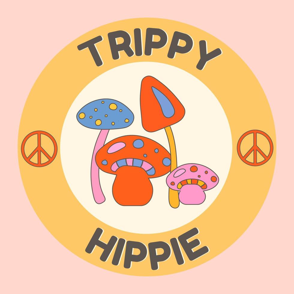 iconos, pegatina en hippie estilo con paz firmar, champiñón, texto trippy hippie retro estilo. vector