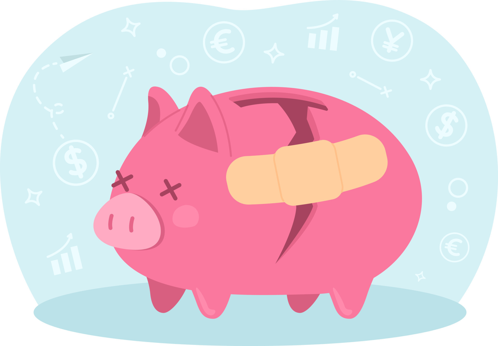 Fixing shattered piggy bank 2D vector isolated spot illustration
