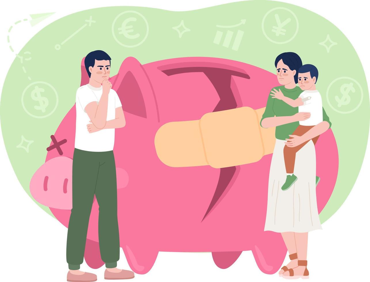 Fixing family budget 2D vector isolated spot illustration. Couple with child planning household expenses flat characters on cartoon background. Colorful editable scene for mobile, website, magazine