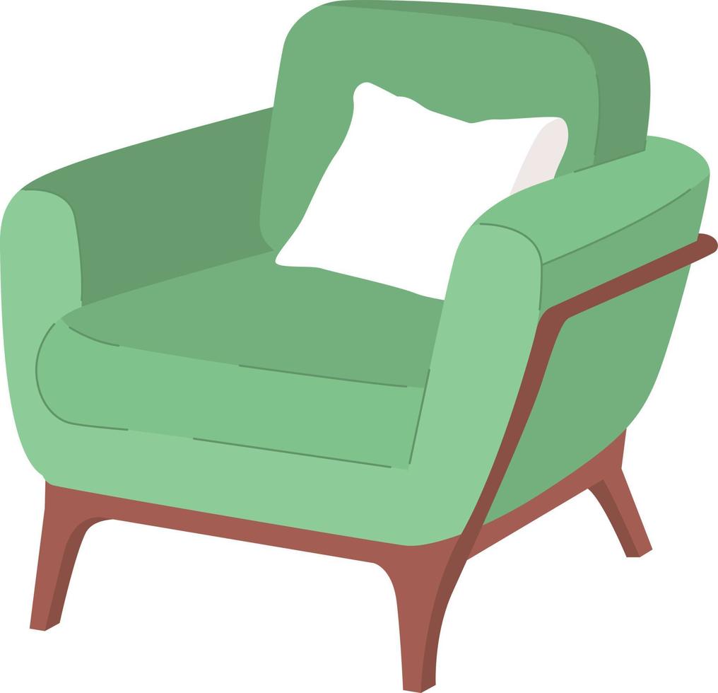 cómodo verde Sillón con almohada semi plano color vector objeto. editable elemento. lleno tamaño icono en blanco. sencillo dibujos animados estilo Mancha ilustración para web gráfico diseño y animación