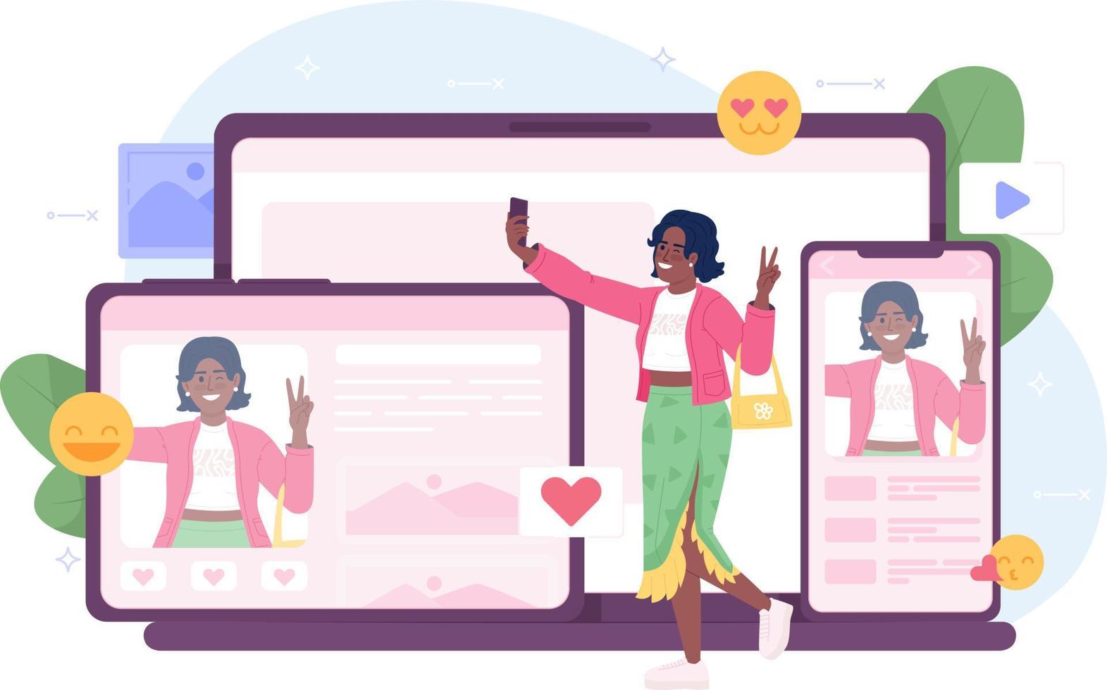 Cross platforming flat concept vector spot illustration. Editable 2D cartoon character on white for web design. Application for multi devices creative idea for website, mobile, magazine