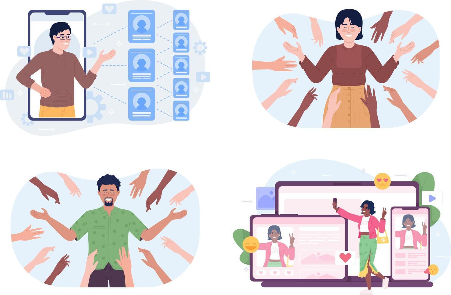 Improving brand awareness on social media flat concept vector spot illustration set. Editable 2D cartoon characters on white for web design. Bloggers creative ideas pack for website, mobile, magazine