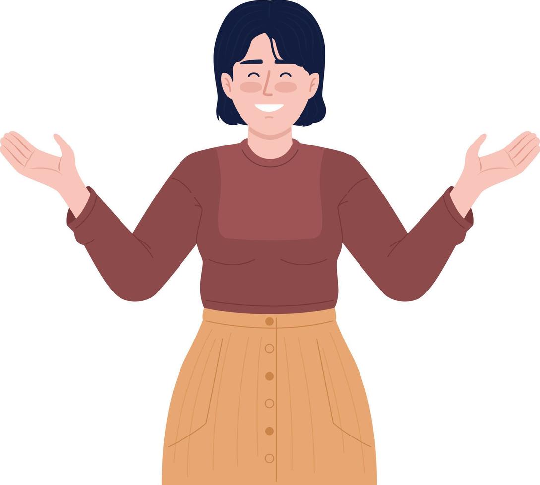 Smiling woman with open arms semi flat color vector character. Welcome. Editable figure. Half body person on white. Simple cartoon style spot illustration for web graphic design and animation