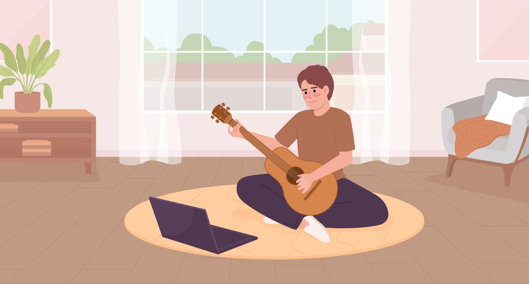 hallazgo pasatiempo y aprendizaje en línea plano color vector ilustración. hombre jugando guitarra utilizando tutorial en ordenador portátil. héroe imagen. completamente editable 2d sencillo dibujos animados personaje con vivo habitación en antecedentes